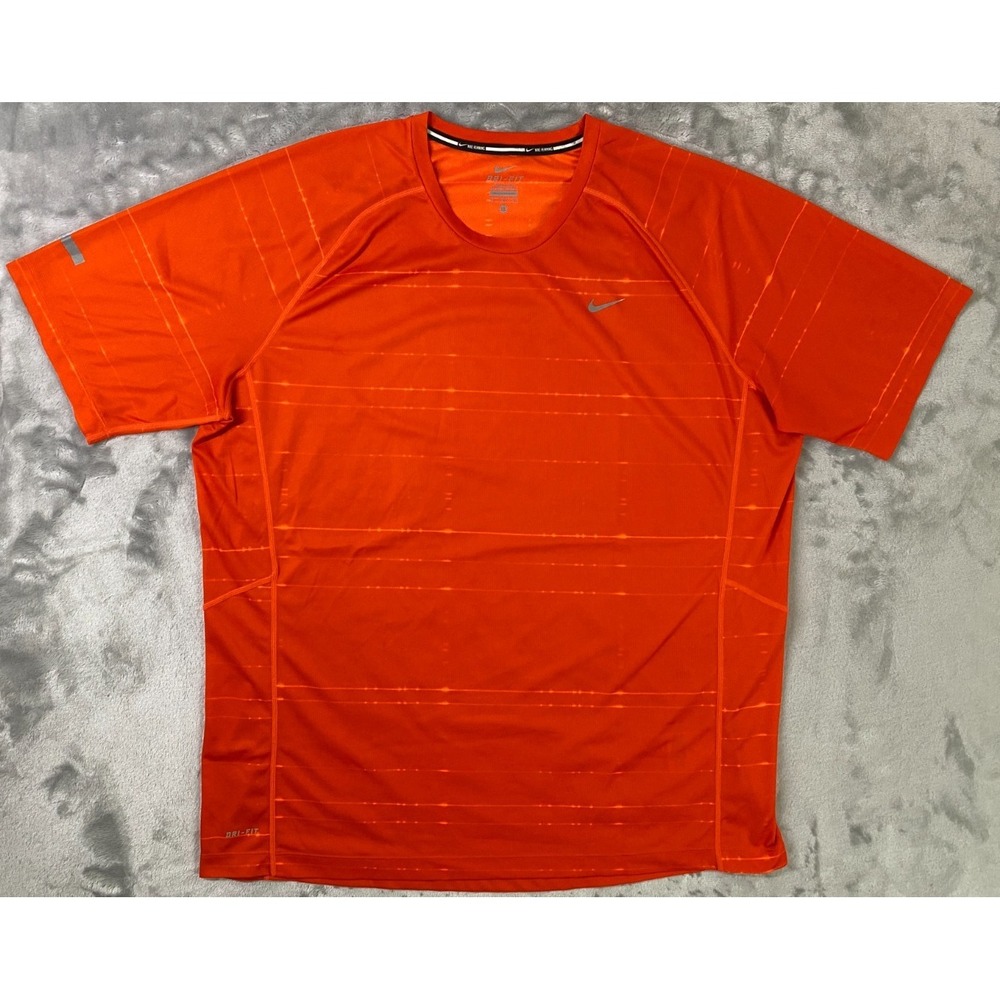 Nike Miler High Vis Running Shirt Men XL Bright Orange DriFIT Striped Reflective